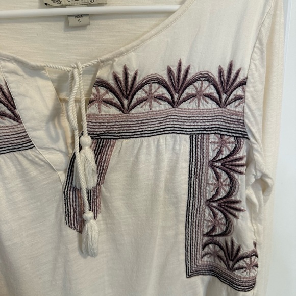 Vintage America Blues Eggshell Cream Ema Embroidered Tassel Tie Tunic Top Small - Picture 2 of 5